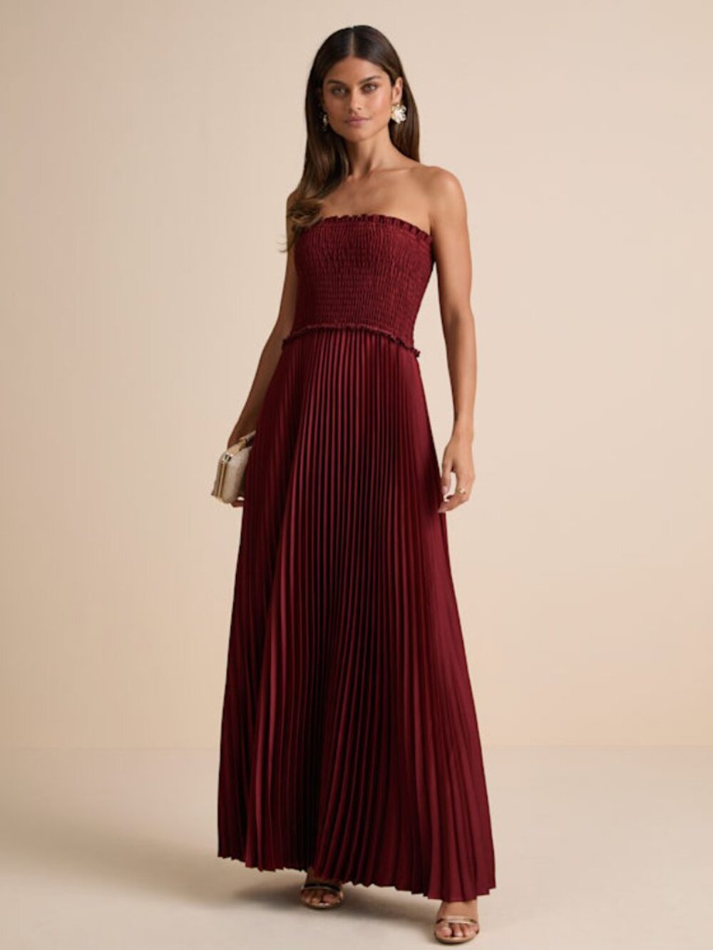 Lulus Damira Rust Satin Pleated Strapless Maxi Dress Red - Size S